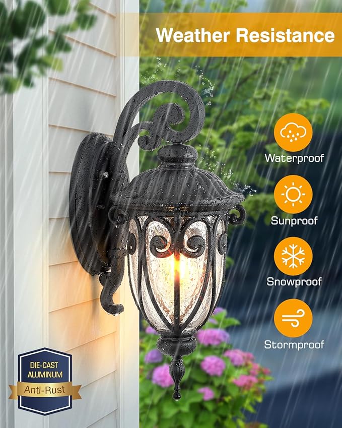 VIANIS Outdoor Light Fixture Dusk to Dawn, 2 Pack Outdoor Lights for House, Black Exterior Lighting Fixtures, Waterproof Outside Lights for House, Garage, Porch, Anti-Rust, Seeded Glass, Vintage Style