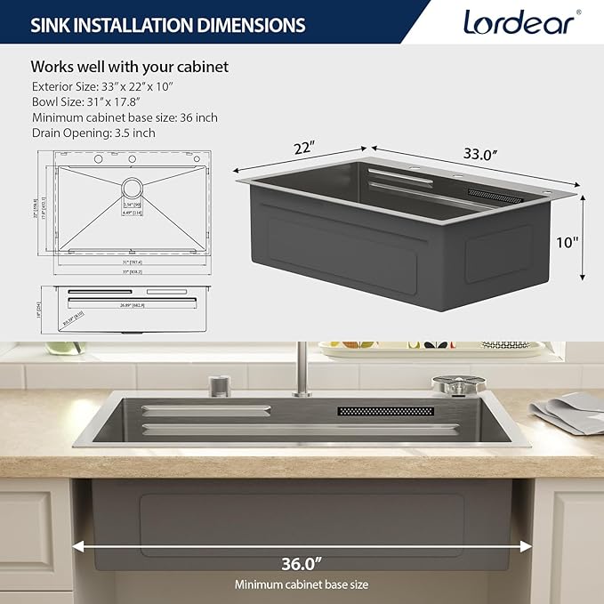 Lordear 33 Drop In Kitchen Sink with Faucet 33x22 Inch Waterfall Kitchen Sinks Topmount Stainless Steel 16 Gauge Single Bowl Workstation Smart Sink