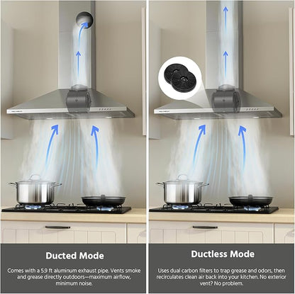 Range Hood 30 inch, 450 CFM Wall Mount Kitchen Hood in Stainless Steel with LED Lighting, 3 Speed Exhaust Fan, Ducted/Ductless Convertible (Charcoal Filters Included)