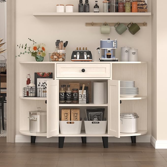 Sideboard Buffet Cabinet with Power Outlet,Freestanding Kitchen Cabinet with Storage,Accent Coffee Bar with Doors(White)