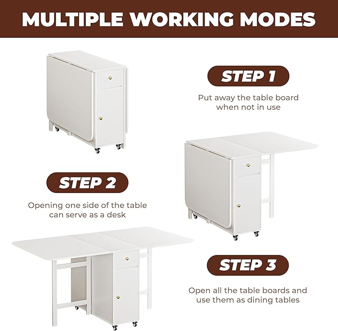 No Assembly Required Foldable Dining Table, Space Saving Extendable Kitchen Island with Drop Leaves for 2-6 People, Collapsible Craft Table with Movable Swivel Wheels for Small Spaces, White