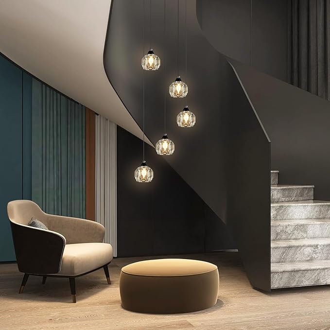 Weesalife Crystal Chandeliers for Dining Room Lights Fixture Over Table, 5-Light Black Modern Pendant Light Fixture，Crystal Chandeliers for Living Room Kitchen Island Staircases Foyer Hallway Bar