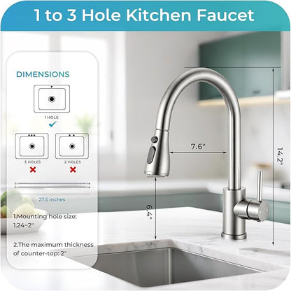 Kitchen Faucet with Pull Down Sprayer - Brushed Nickel Single Handle Kitchen Faucets, High Arc Stainless Steel Pull Out Kitchen Sink Faucet for RV Laundry Farmhouse Bar