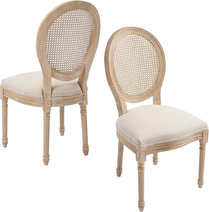 French Country Dining Chairs Set of 2, Upholstered Rattan Dining Chair with Round Backrest, Farmhouse Vintage Dining Chairs for Living Room, Kitchen, Restaurant (Beige-Rattan, Set of 2)