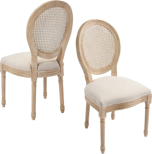 French Country Dining Chairs Set of 2, Upholstered Rattan Dining Chair with Round Backrest, Farmhouse Vintage Dining Chairs for Living Room, Kitchen, Restaurant (Beige-Rattan, Set of 2)