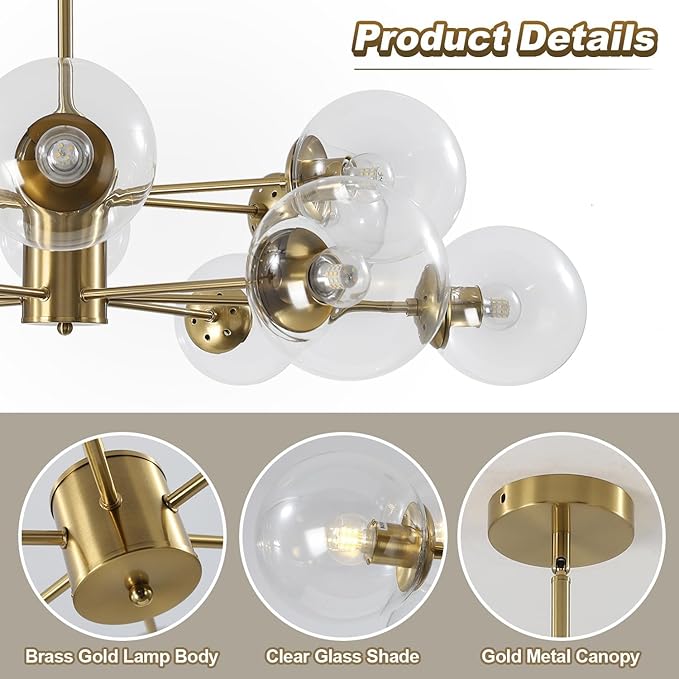 KCO Lighting 12-Light Modern Sputnik Chandelier Clear Bubble Glass Chandelier Mid Century Large Gold Globe Pendant Light Farmhouse Dining Room Lights Kitchen Island Lighting Fixture