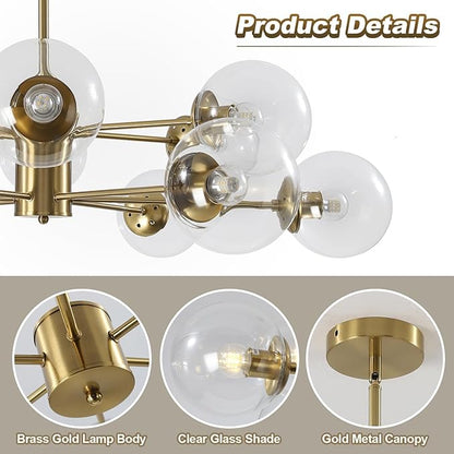 KCO Lighting 12-Light Modern Sputnik Chandelier Clear Bubble Glass Chandelier Mid Century Large Gold Globe Pendant Light Farmhouse Dining Room Lights Kitchen Island Lighting Fixture