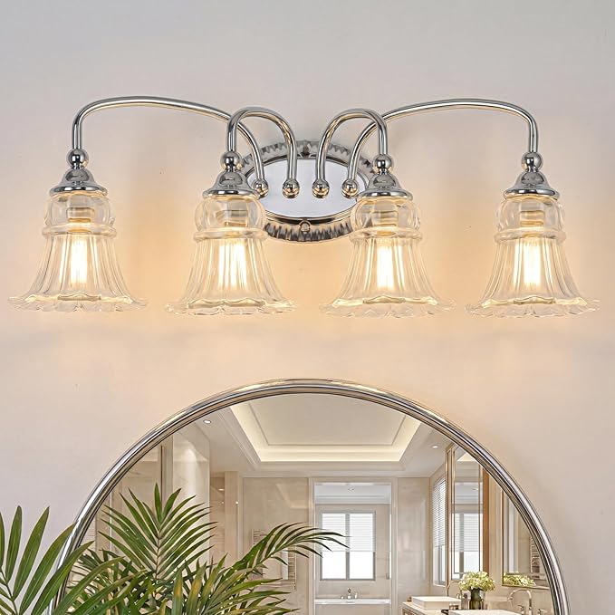 4-Light Bathroom Light Fixtures Vintage Chrome Vanity Lights Over Mirror with Floral Glass Shade for Bathroom Powder Room, Living Room Hallway