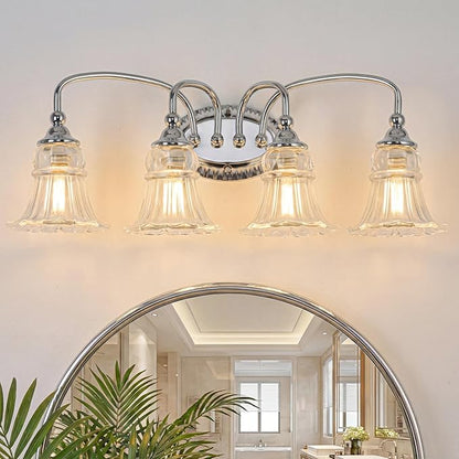 4-Light Bathroom Light Fixtures Vintage Chrome Vanity Lights Over Mirror with Floral Glass Shade for Bathroom Powder Room, Living Room Hallway