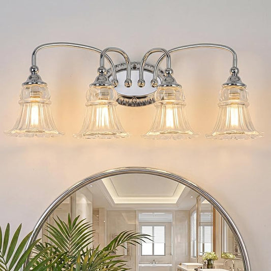 4-Light Bathroom Light Fixtures Vintage Chrome Vanity Lights Over Mirror with Floral Glass Shade for Bathroom Powder Room, Living Room Hallway