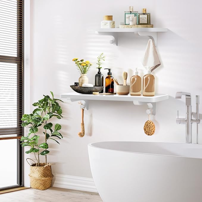 Wooden Floating Shelves for Wall, 15.7" W x 6" D x 0.6" H Large Wall Shelves, Hanging Storage Shelf with Hooks for Living Room, Kitchen, Bathroom, Bedroom Decor, White, 3 Packs