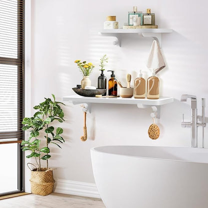 Wooden Floating Shelves for Wall, 15.7" W x 6" D x 0.6" H Large Wall Shelves, Hanging Storage Shelf with Hooks for Living Room, Kitchen, Bathroom, Bedroom Decor, White, 3 Packs