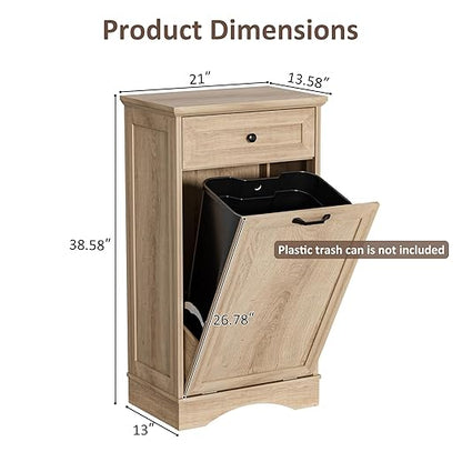 13 Gallons Tilt Out Trash Cabinet Freestanding Kitchen Trash Bin Cabinet Wood Garbage Recycling Cabinet with Hideaway Drawer Pet Proof Trash Can Holder for Kitchen Living Room, Natural