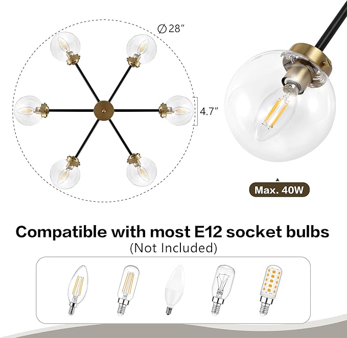 WINGBO 6-Light Sputnik Chandelier, Modern Pendant Light Fixture with 4.7" Clear Glass Globe Shade for Flat and Slop Ceiling, Height Adjustable for Kitchen Living Room Dining Room Bedroom, Black