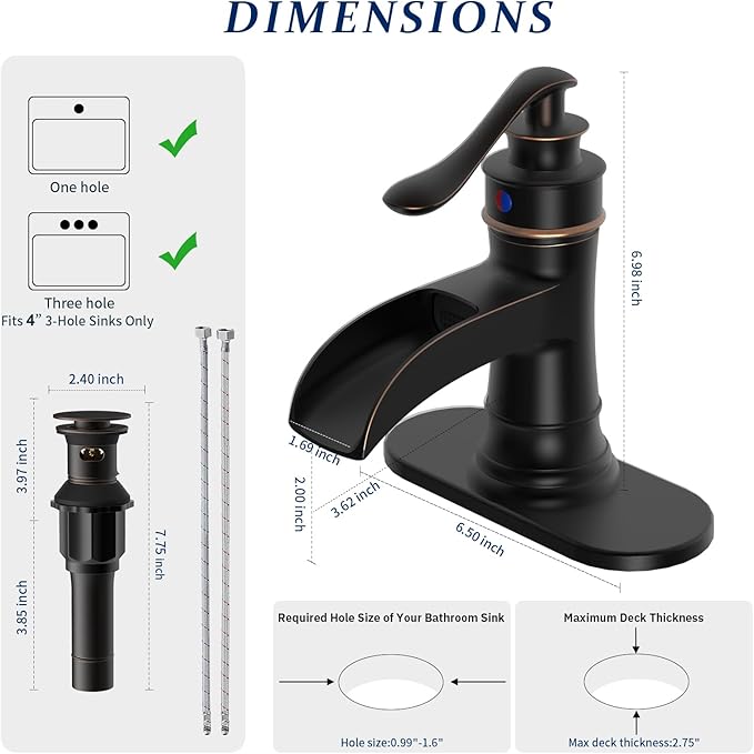 BWE Bathroom Sink Faucet Oil Rubbed Bronze Waterfall with Pop Up Drain Stopper Assembly Water Supply Hose Rustic Lead-Free Lavatory Vanity Bath Black Farmhouse Faucet Single Handle Mixer Single Hole