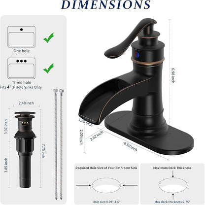 BWE Bathroom Sink Faucet Oil Rubbed Bronze Waterfall with Pop Up Drain Stopper Assembly Water Supply Hose Rustic Lead-Free Lavatory Vanity Bath Black Farmhouse Faucet Single Handle Mixer Single Hole