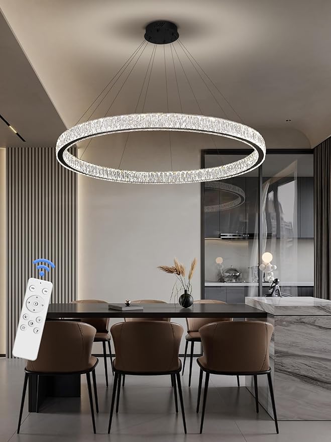 Modern LED Dimmable Crystal Chandelier 47.5" Ring Pendant Light Adjustable Round Chrome Crystal Chandelier Light Fixtures for Dining Room Living Room