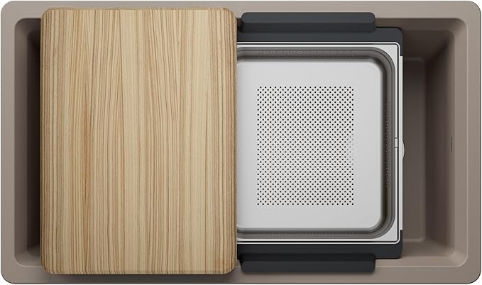 Inteos SILGRANIT 33" Single Bowl Reversible Undermount Workstation Kitchen Sink - Truffle