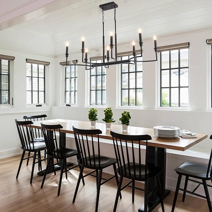 8-Light Black Chandelier, Farmhouse Dining Room Light Fixtures Over Table, Metal Candle Rectangular Chandelier Light Fixture Dining Retro Kitchen Island Lighting Living Room Entryway37in