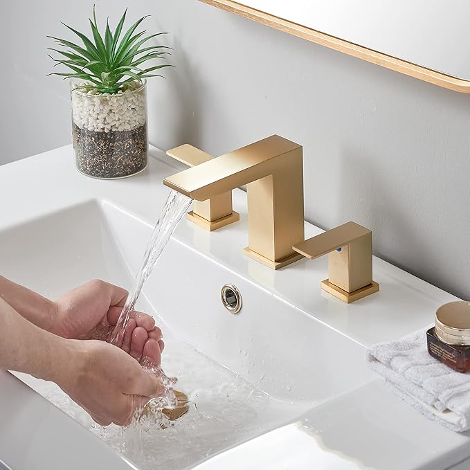 Brushed Gold Bathroom Sink Faucet, 3 Hole Waterfall Bathroom Faucet, 2 Handle Vanity Bath Faucets, Modern Bathroom Faucet with Supply Hoses and Drain