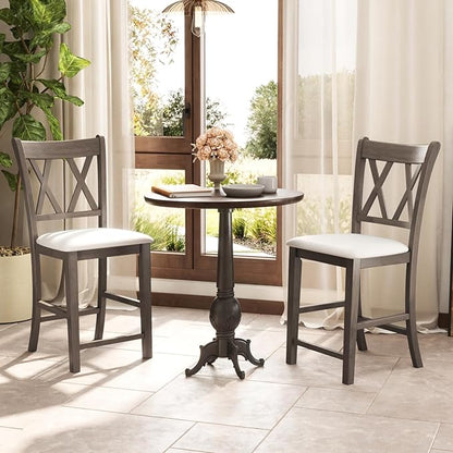Giantex Wood Bar Stools Set of 2, 24" Counter Height Bar Stools w/Cross Back & Linen Fabric Upholstered Seat, Modern Farmhouse Wooden Barstools for Kitchen Island, Home Bar, Dining Room, Grey & White