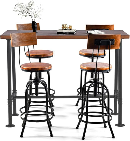 LOKKHAN 5-Piece Industrial Metal Bar Table & Stools Set – Adjustable Swivel, Wooden Top/Seats, Backrest (1 Table + 4 Stools, Brown) for Kitchen Island/Pub, Heavy Duty