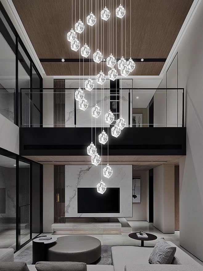 Large Crystal Chandeliers for High Ceiling 135 inches Long Staircase Entrance Chandelier for Foyer Dimmable LED Ceiling Chandelier 26 Light Silver