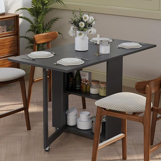 LotFun Folding Dining Table with 2-Tier Storage Racks, Movable Kitchen Dining Table with 6 Wheels, Space Saving Table for Small Spaces (2 Tier Storage Racks, Grayish Black)