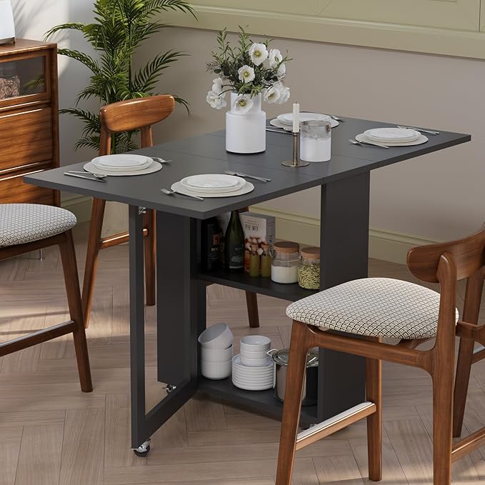 LotFun Folding Dining Table with 6 Wheels, 2-Layer Storage Shelf & Drawer, Space Saving Farmhouse Kitchen Table for Small Spaces