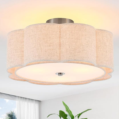 Semi Flush Mount Ceiling Light, Beige Linen Fabric Shade Ceiling Light, Chrome Modern Farmhouse Close to Ceiling Light for Bedroom, Hallway, Living Room, Dining Room, Laundry Room