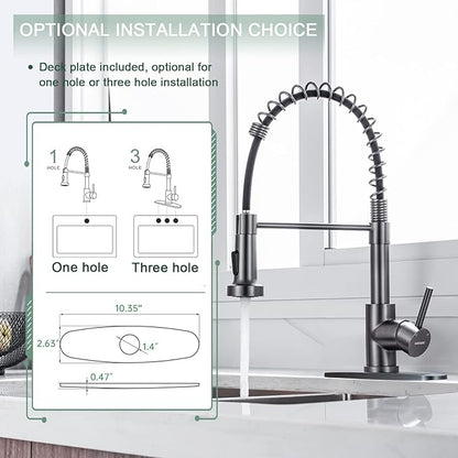 WEWE Black Stainless Kitchen Faucet, Faucet for Kitchen Sink with Pull Down Sprayer Gray Matte Gun Black Kitchen Faucet with Deck Plate Stainless Steel Farmhouse Commercial Single Handle Sink Faucet