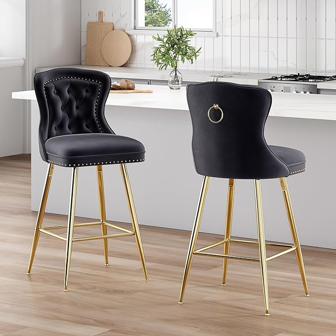 Luxurious Velvet Counter Height Bar Stools Set of 2 with Metal Legs, Button Tufted, Nailheads Trim, Wing-Back Bar Chairs for Kitchen Island Dining Room Pub(Black)