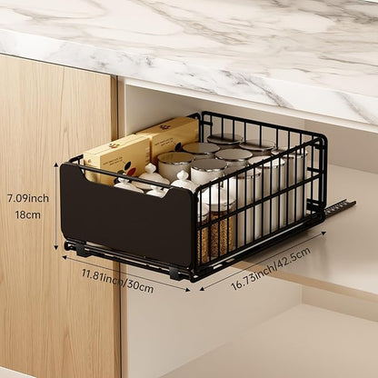 Pull Out Cabinet Organizer Fixed with Adhesive Nano Film, 1 Pack Sliding Mesh Cabinet Basket with Handle, Heavy Duty Slide out Pantry Shelves Drawer Storage for Home, Kitchen, Bathroom, Black