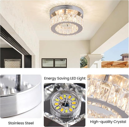 Modern Crystal Chandelier Mini Round Flush Mount Ceiling Light Fixture Small LED Crystal Ceiling Light for Hallway Foyer Living Room (Warm White)