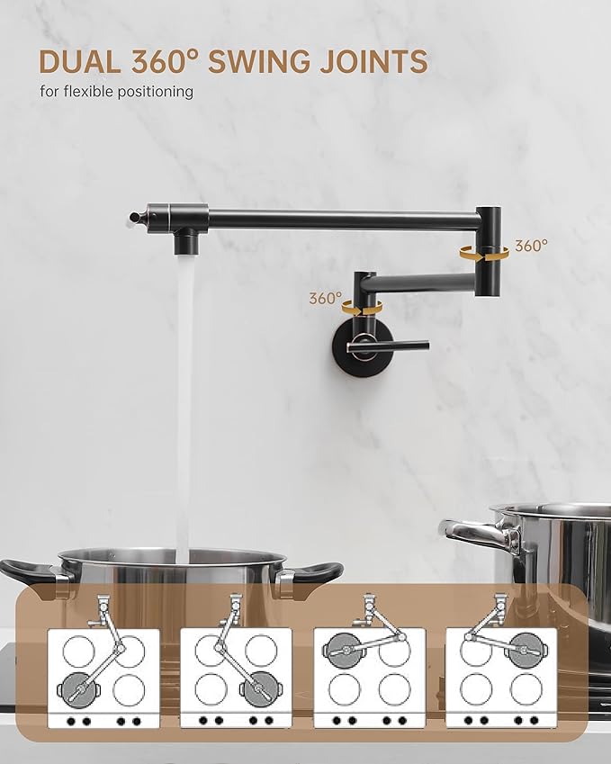 Fransiton Oil-Rubbed Bronze Pot Filler, Pot Filler Faucet Wall Mount, Brass Folding Stretchable with Double Joint Swing Arm Single Hole Two Handles Kitchen