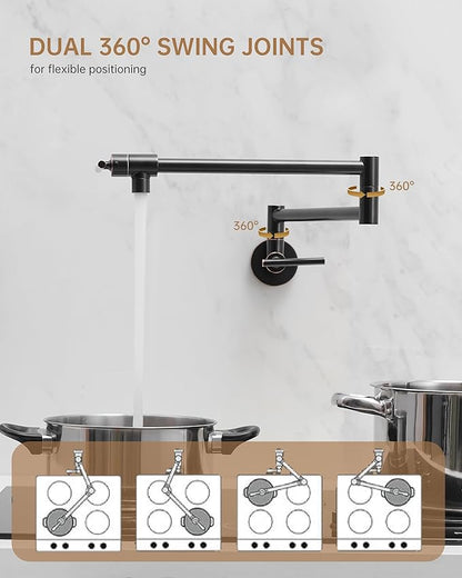 Fransiton Oil-Rubbed Bronze Pot Filler, Pot Filler Faucet Wall Mount, Brass Folding Stretchable with Double Joint Swing Arm Single Hole Two Handles Kitchen