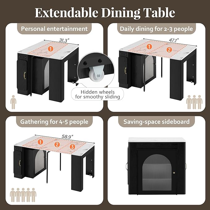 Modern Extendable Dining Table with Folding Tabletop, Kitchen Island with Wheels, Hooks & Drawers - Space Saving Sturdy Frame Construction, Easy Assembly Kitchen & Dining Room Furniture,Black-WhiteMar