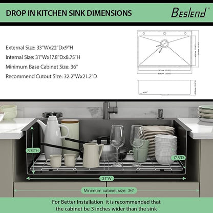 33 Drop In Kitchen Sink - Beslend 33x22 Black Kitchen Sink Drop In with Pull-Out Faucet, Stainless Steel Sinks and Soap Dispenser Topmount 16 Gauge Single Bowl Above Counter Dish Basin 9" Deep