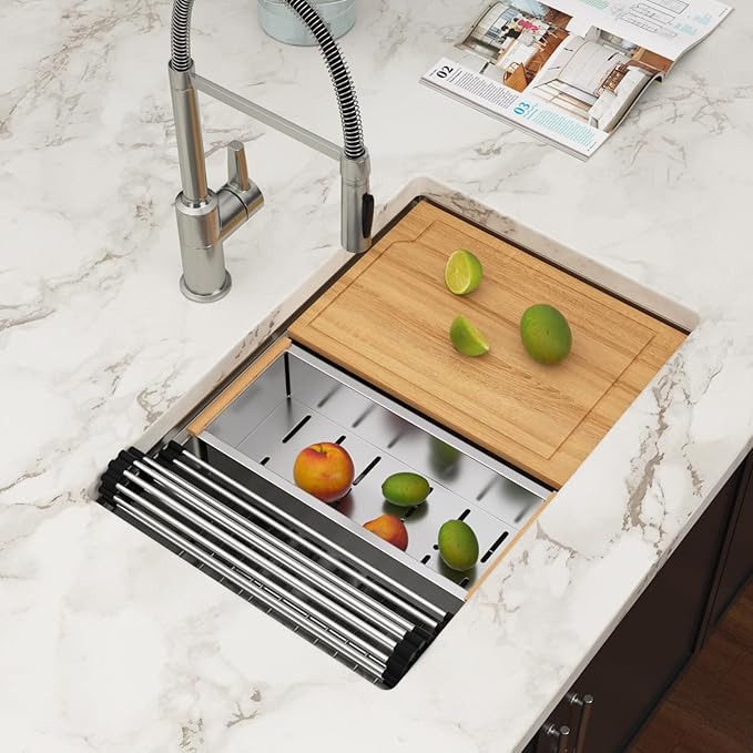 28 Inch Undermount Kitchen Sink Workstation - Couoko 28x19 Inch Undermount Single Bowl Workstation Sink 16 Gauge Stainless Steel Deep Handmade Under Counter Kitchen Sink with Accessories