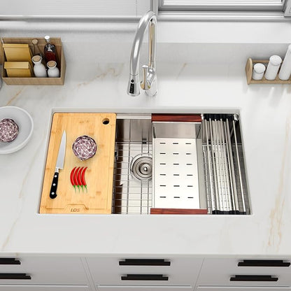 LQS 32 Inch Undermount Kitchen Sink, 32” x 19” Stainless Steel Kitchen Sink, Undermount Sinks, Handmade Deep Single Bowl Sinks with R10 Round Corner and Abundant Accessories