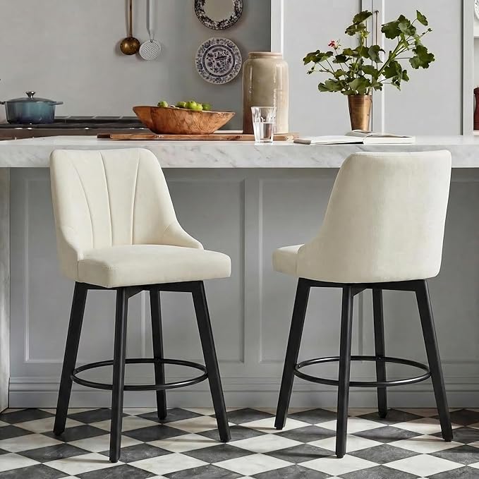 24" Counter Height Bar Stools Set of 2, Swivel Bar Stools with Backs, Fabric Upholstered Counter Barstools with Solid Wood Legs for Kitchen Island,Ivory