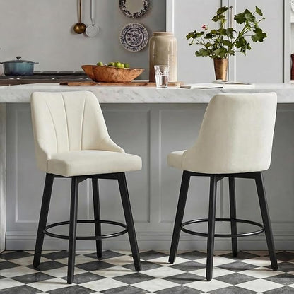 24" Counter Height Bar Stools Set of 2, Swivel Bar Stools with Backs, Fabric Upholstered Counter Barstools with Solid Wood Legs for Kitchen Island,Ivory