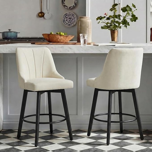 24" Counter Height Bar Stools Set of 2, Swivel Bar Stools with Backs, Fabric Upholstered Counter Barstools with Solid Wood Legs for Kitchen Island,Ivory