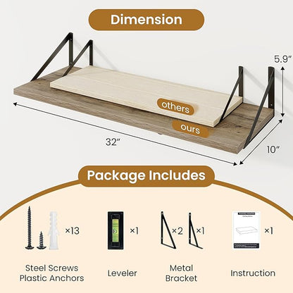 Acovy Floating Shelf for Wall,32" WX10 D Wood Floating Shelves with Sturdy Metal Bracket Set of 2,Wall Mounted Hanging Shelf for Bathroom,Bedroom,Kitchen,Grey