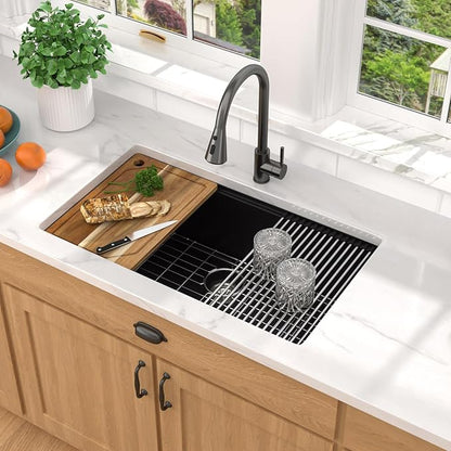 Granite Composite Kitchen Sink - 32 Inch Granite Kitchen Sink Undermount All-In One Workstation Matte Black Quartz Classic Under Counter Single Bowl Sinks for Kitchen, 32"x19" #TLGU-132