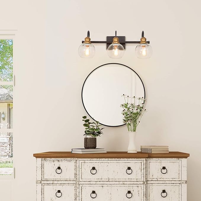 LALUZ Bathroom Light Fixtures, Vanity Lights with Oil Rubbed Bronze Finish, Antique Gold Socket, Clear Glass Shade, 22.5’’ L x 7’’ W x 9’’ H