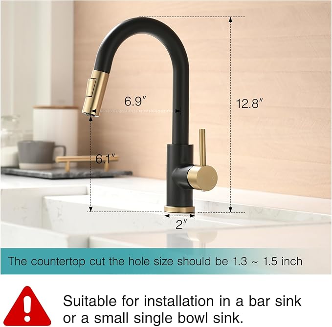 CENOSA Modern Bar Sink Faucet for Kitchen Sink Single Handle with Pull Out Sprayer Hot and Cold Prep Sink Faucet Black and Gold