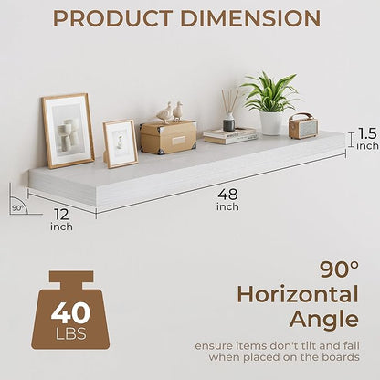 RICHFOCUS Deep Floating Shelves for Wall 2 Pack 12" D 48 Inch Wall Shelves for Room Wall|Wood Hanging Shelf with Invisible Brackets for Bathroom Bedroom Kitchen Laundry Room, White