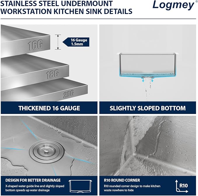 Logmey 23 Undermount Bar Sink - 23x19 Stainless Steel Kitchen Sinks Under Ledge Workstation Sink 16 Gauge Single Bowl Bar Prep Sinks Basin