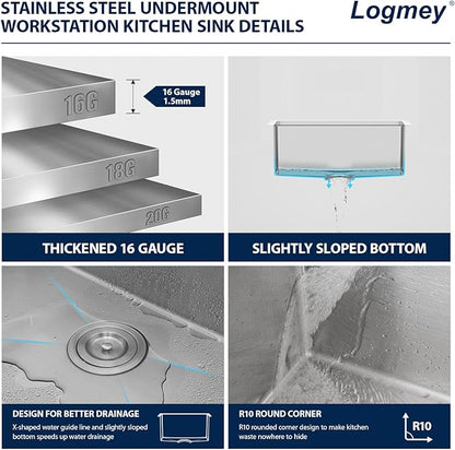Logmey 23 Undermount Bar Sink - 23x19 Stainless Steel Kitchen Sinks Under Ledge Workstation Sink 16 Gauge Single Bowl Bar Prep Sinks Basin